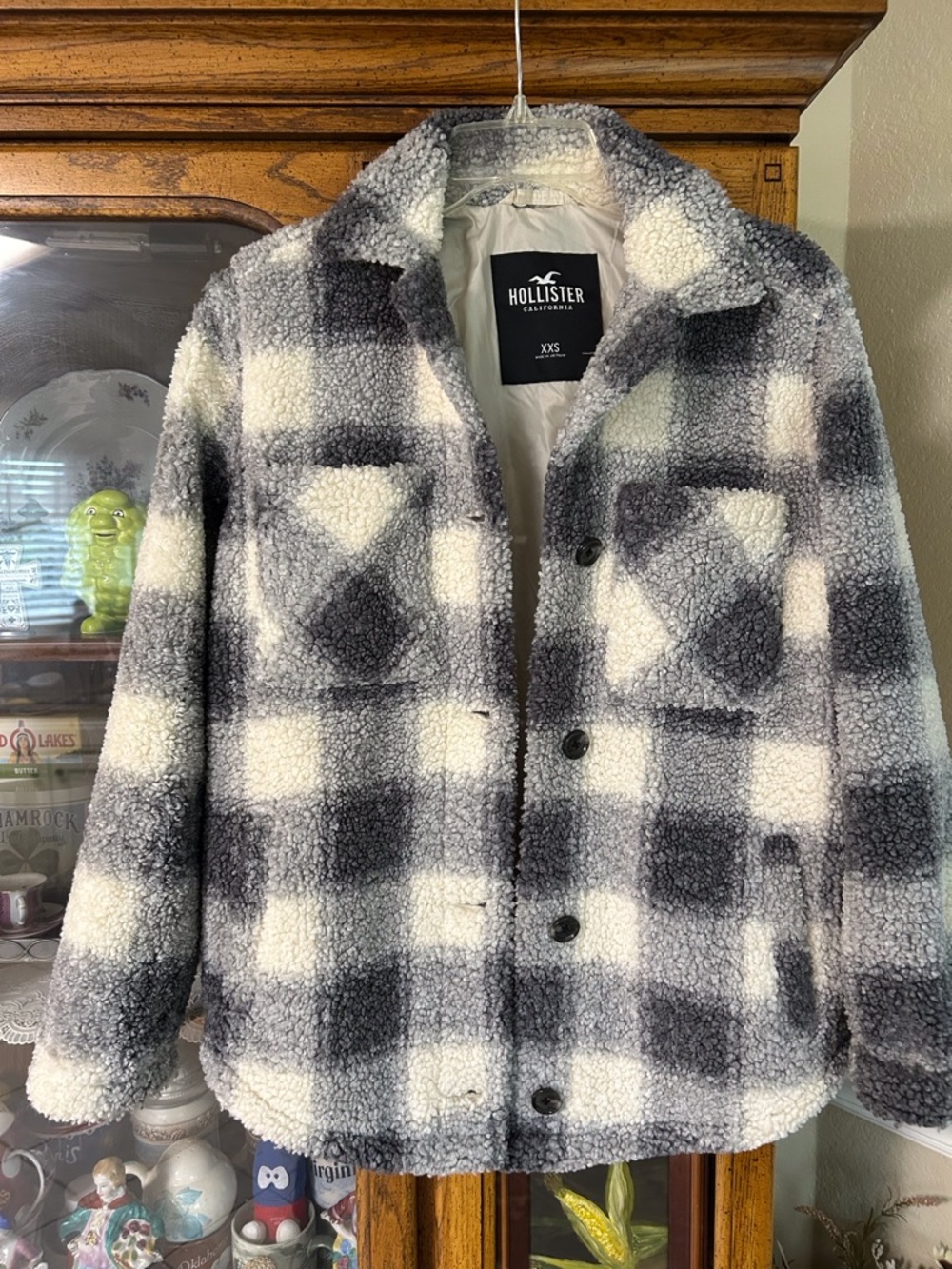 Hollister Black and White Plaid Sherpa Jacket